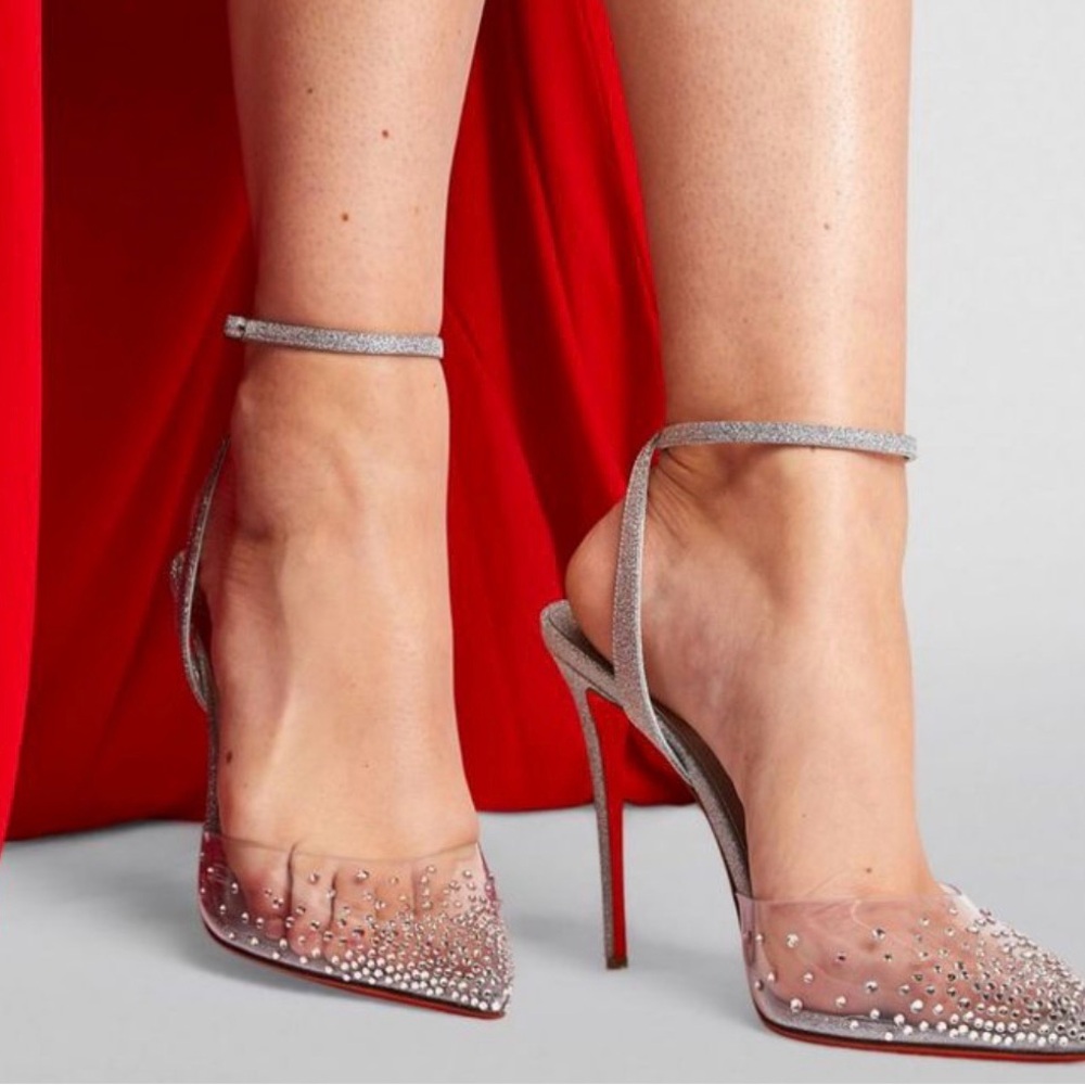 Source Unknown Silver Crystal Pointed-Toe Ankle-Strap Heels